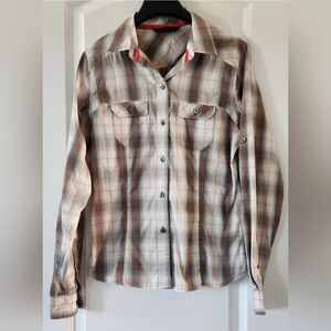 ArcTeryx Shirt Womens Medium‎ Long Sleeve Gray Orange Plaid Button Up Pockets